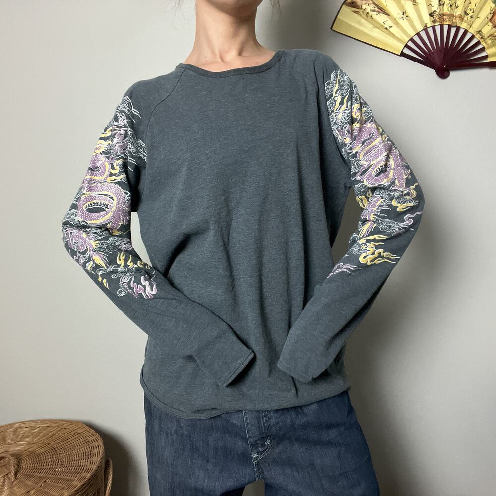 y2k gray japanese dragon puff print graphic long sleeve tee shirt